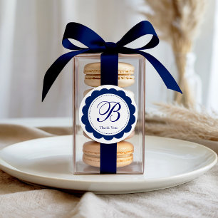 Elegant Blue Scalloped Monogram Classic Round Sticker