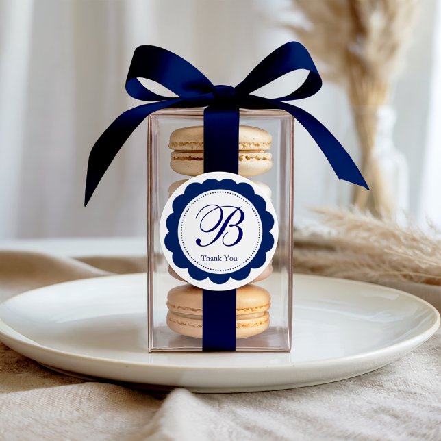 Elegant Blue Scalloped Monogram Classic Round Sticker (Creator Uploaded)