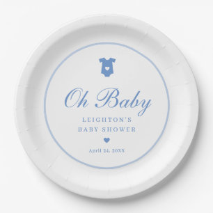 Elegant Blue Script Boys Oh Baby Shower  Paper Plate