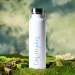 Elegant Blue Script Custom Name Monogrammed White Water Bottle<br><div class="desc">Create your own custom, personalized, cool, chic, stylish, elegant blue typography script, classy white, spill-proof, stainless steel, condensation-resistant exterior, monogrammed matte black durable double-wall Thor Copper Vacuum Insulated Bottle that keeps beverages hot for 12 hours or cold for 48 hours. Simply type in your name / kids name / family...</div>