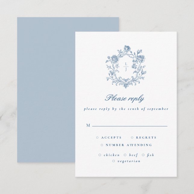 Elegant Blue Script Floral Crest Wedding RSVP Card (Front/Back)