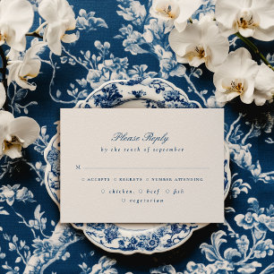 Elegant Blue Script Floral Crest Wedding RSVP Card