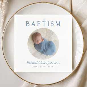 Elegant Blue Script Photo Baptism Napkin