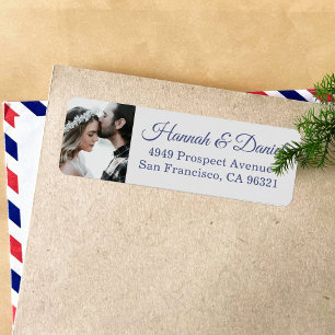 Elegant Blue Script Photo Wedding Return Address