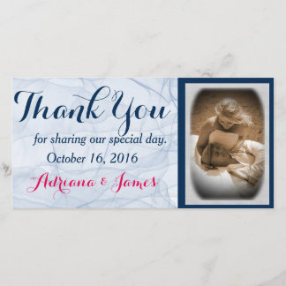 elegant blue script wedding photo thank you cards