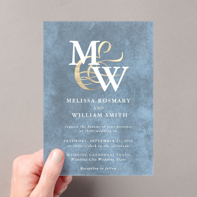 Elegant Blue Sea Glass Monogram Gold Wedding Acrylic Invitations (Insitu (Handheld))