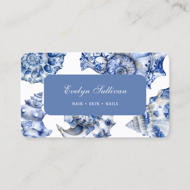 Elegant blue seashells business card (Front)