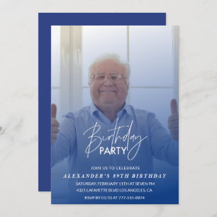 Elegant Blue Shadow Photo Men 89th birthday party Invitation