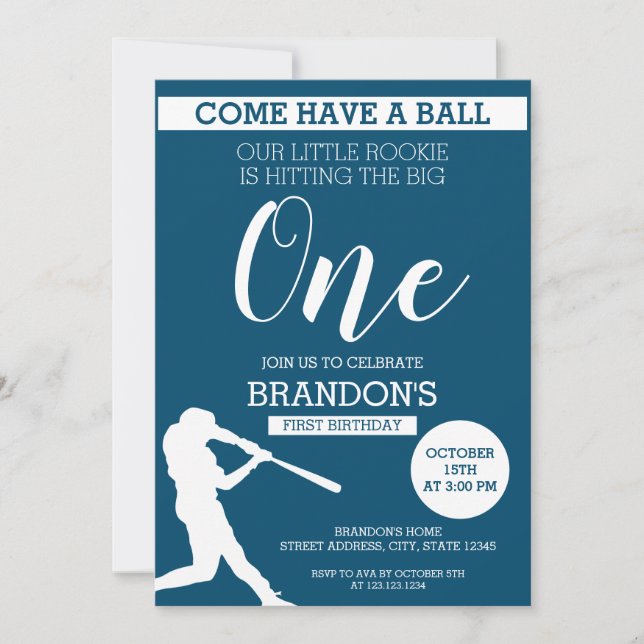 Elegant Blue Silhouette Baseball 1st Birthday Invitation (Front)