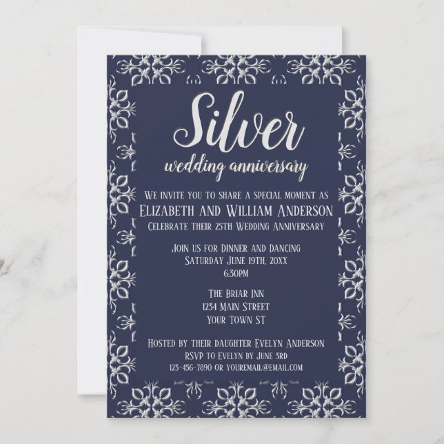 Elegant Blue Silver 25th Anniversary Invitation (Front)