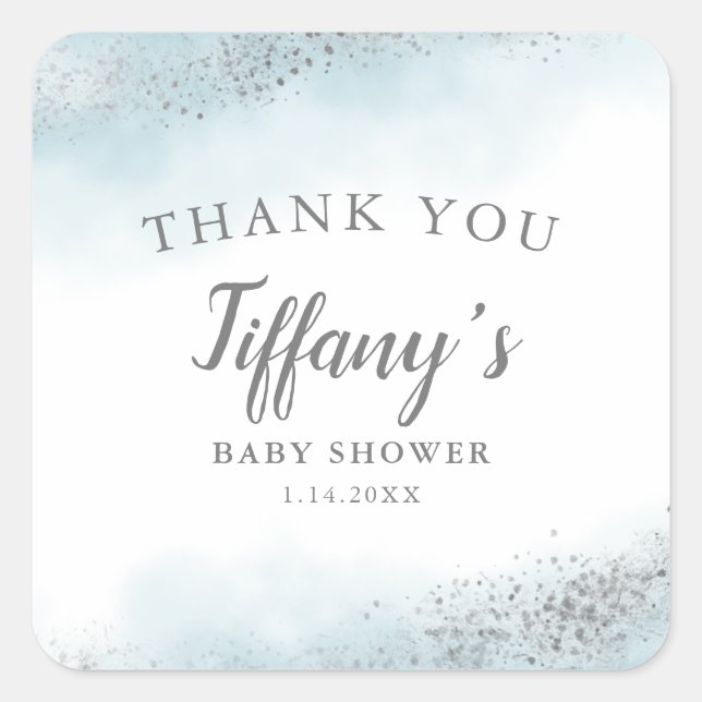 Elegant Blue Silver Baby Shower Square Sticker (Front)
