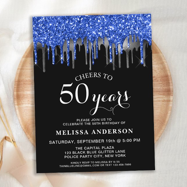 Elegant Blue Silver Black Glitter Drip 50 Birthday Postcard (Creator Uploaded)