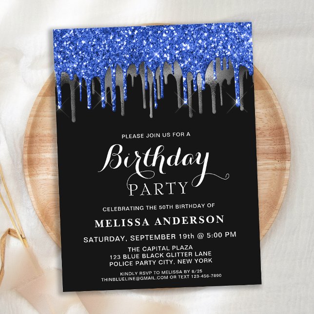 Elegant Blue Silver Black Glitter Drips Birthday Invitation Postcard (Creator Uploaded)
