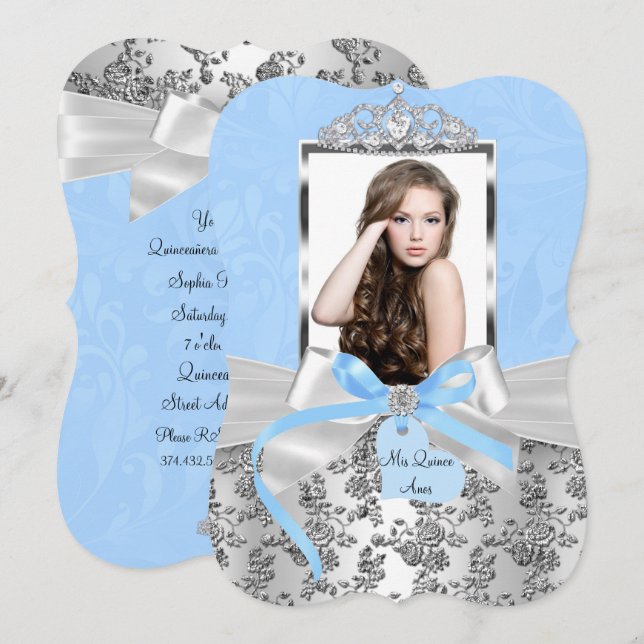 Elegant Blue Silver Bow Rose Photo Quinceanera 1 Invitation (Front/Back)