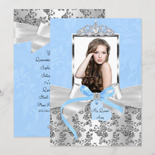 Elegant Blue Silver Bow & Rose Photo Quinceanera Invitation