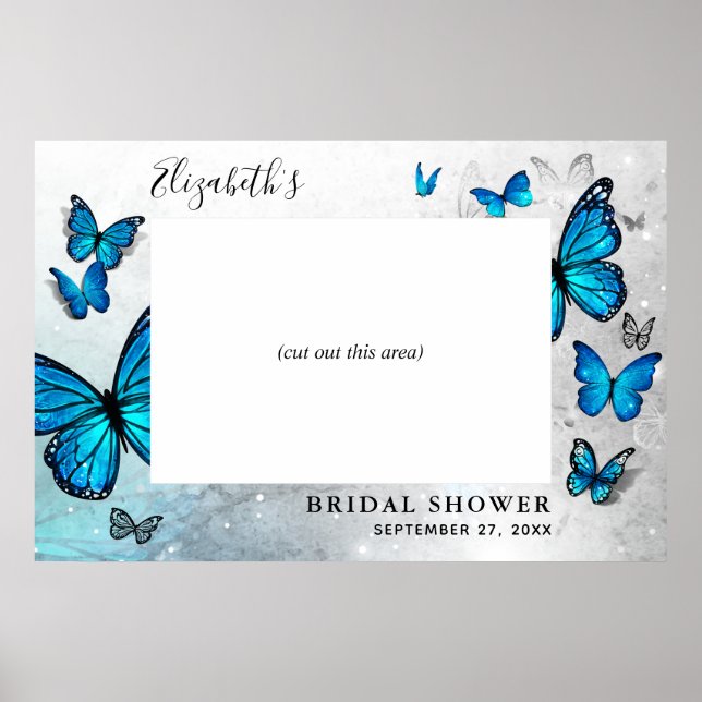 Elegant Blue Silver Butterfly Photo Booth Prop Poster (Front)