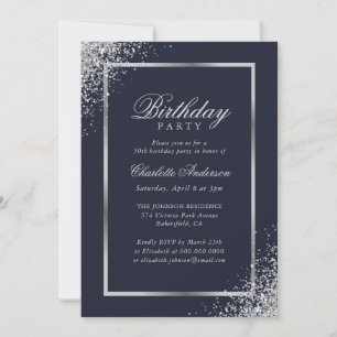 Elegant Blue Silver Confetti Birthday Party Invitation