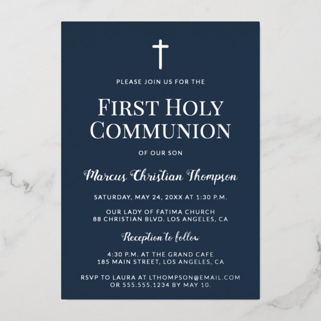 Elegant blue Silver cross Boy First Holy Communion Foil Holiday Card (Front)