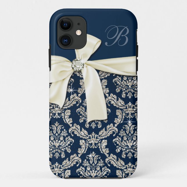 Elegant Blue Silver Damask Diamond Bow Monogrammed Case-Mate iPhone Case (Back)