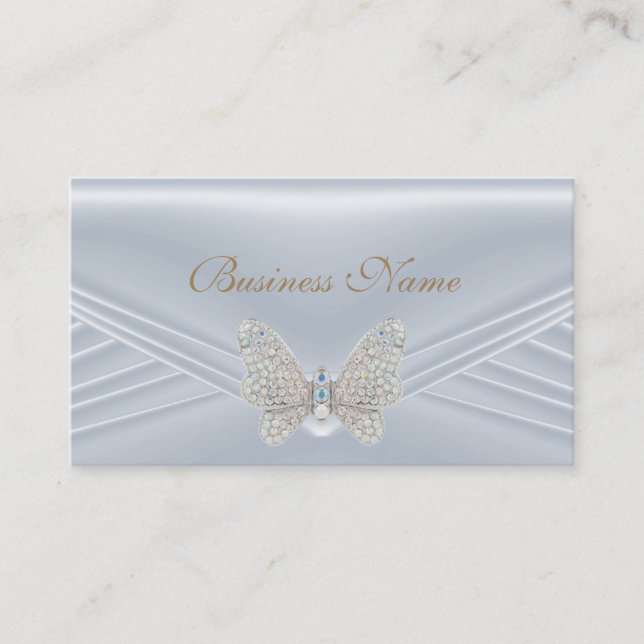 Elegant Blue Silver Diamond Butterfly Jewel Business Card (Front)
