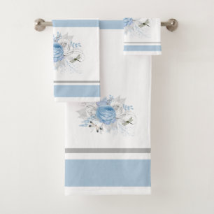 Elegant Blue Silver Dragonfly Floral Bath Towel Set