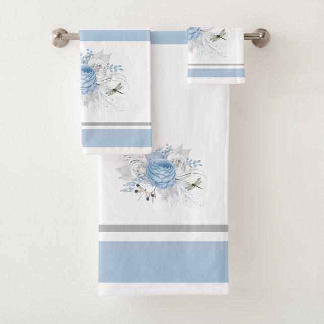 Elegant Blue Silver Dragonfly Floral Bath Towel Set (Insitu)