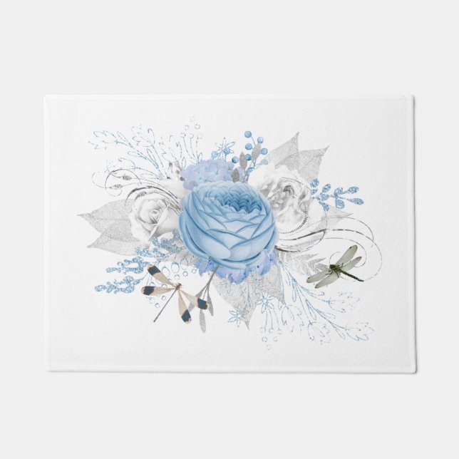 Elegant Blue Silver Dragonfly Floral Doormat (Front)