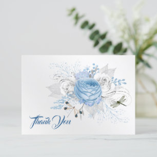 Elegant Blue Silver Dragonfly Floral Thank You Card