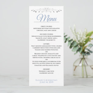 Elegant Blue & Silver Filigree with Hearts Wedding Menu
