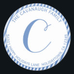 Elegant Blue Silver Foil Stripe Monogram Address Classic Round Sticker<br><div class="desc">Elegant Christmas or Hanukkah Blue Silver Foil Stripe Monogram Address Sticker featuring stylish faux blue and silver stripes and a modern script monogram with space for your custom address. Easy to customize with text, fonts, and colours. Created by Zazzle pro designer BK Thompson © exclusively for Kate’s Creations; please contact...</div>