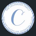 Elegant Blue Silver Foil Stripe Monogram Address Classic Round Sticker<br><div class="desc">Elegant Christmas or Hanukkah Blue Silver Foil Stripe Monogram Address Sticker featuring stylish faux blue and silver stripes and a modern script monogram with space for your custom address. Easy to customize with text, fonts, and colours. Created by Zazzle pro designer BK Thompson © exclusively for Kate’s Creations; please contact...</div>