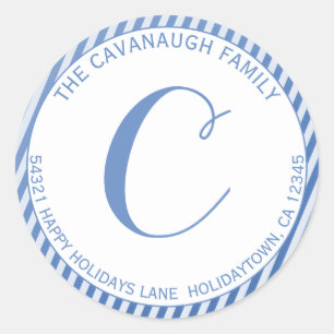 Elegant Blue Silver Foil Stripe Monogram Address Classic Round Sticker
