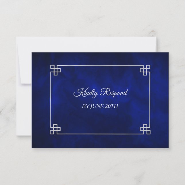 Elegant Blue Silver Frame Wedding Menu RSVP (Front)