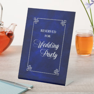 Elegant Blue Silver Frame Wedding Party Reserved Pedestal Sign