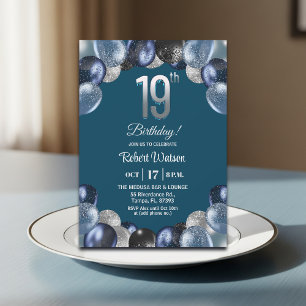 Elegant Blue Silver Glitter 19th Birthday Party Invitation