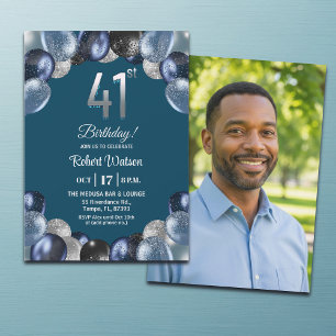 Elegant Blue Silver Glitter 41st Birthday Photo Invitation