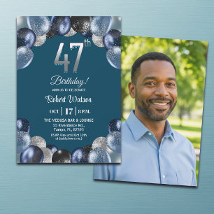 Elegant Blue Silver Glitter 47th Birthday Photo Invitation