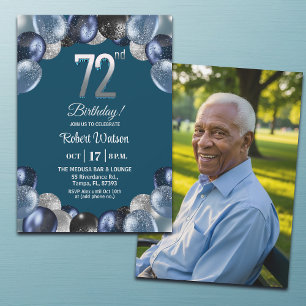 Elegant Blue Silver Glitter 72nd Birthday Photo Invitation