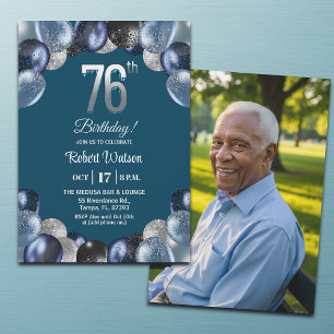 Elegant Blue Silver Glitter 76th Birthday Photo Invitation