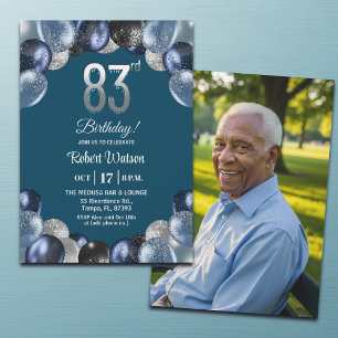 Elegant Blue Silver Glitter 83rd Birthday Photo Invitation