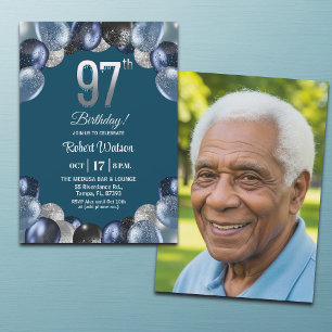 Elegant Blue Silver Glitter 97th Birthday Photo Invitation