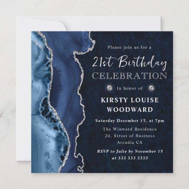 Elegant Blue & Silver Glitter Agate 21st Birthday Invitation (Front)