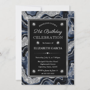 Elegant Blue & Silver Glitter Agate 21st Birthday Invitation