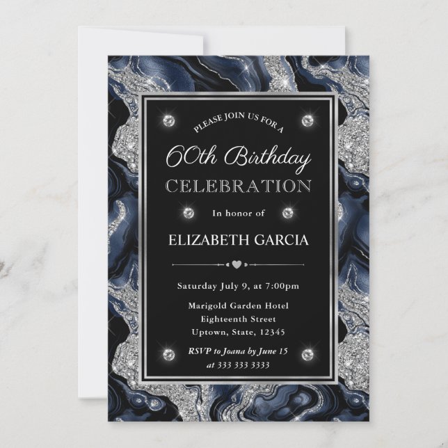 Elegant blue & Silver Glitter Agate 60th Birthday Invitation (Front)