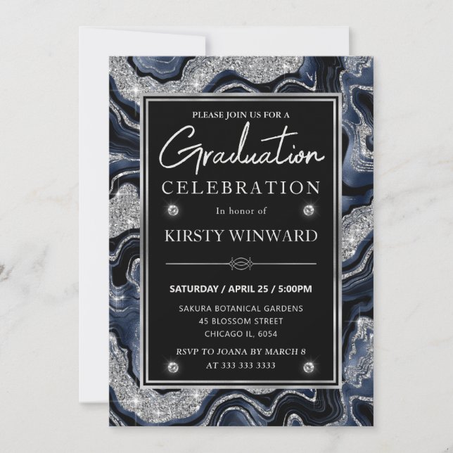 Elegant Blue & Silver Glitter Agate Graduation Invitation (Front)
