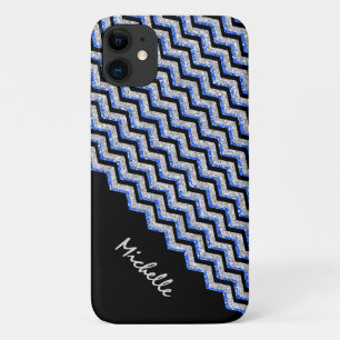 Elegant Blue Silver Glitter Chevron Personalized iPhone 11 Case