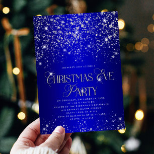 Elegant Blue Silver Glitter Christmas Eve Party Invitation