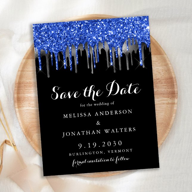 Elegant Blue Silver Glitter Drips Save The Date Announcement Postcard (Creator Uploaded)