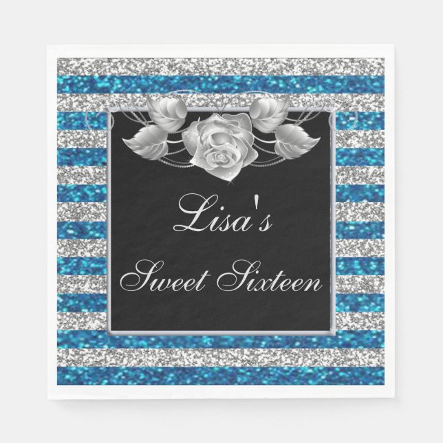 Elegant Blue Silver Glitter Silver Rose Sweet 16 Napkin (Front)