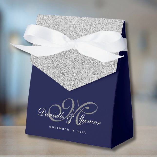 Elegant Blue Silver Glitter Wedding Thank You Favor Box (Blue and Silver Favor Box)